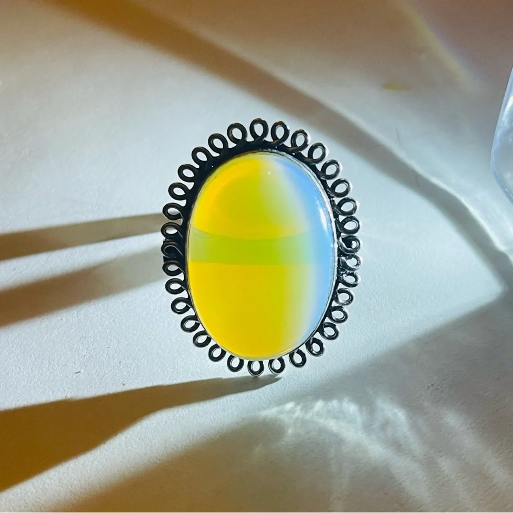 New 925 Sterling Silver Blue Yellow Triplet Opalite Artisten Oval Cut Ring